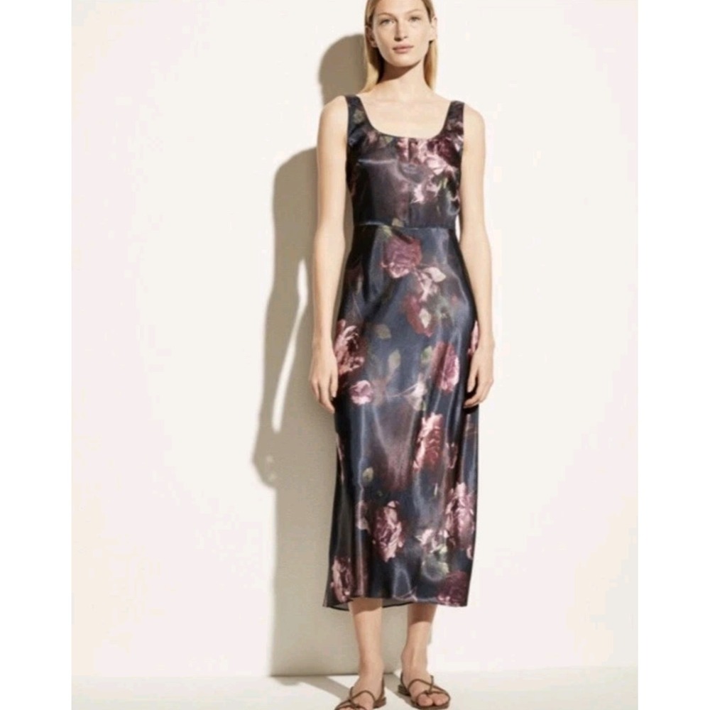 Vince Satin Floral Midi Tank Dress Women Size 20 Blue Purple Scoop Neck Romantic